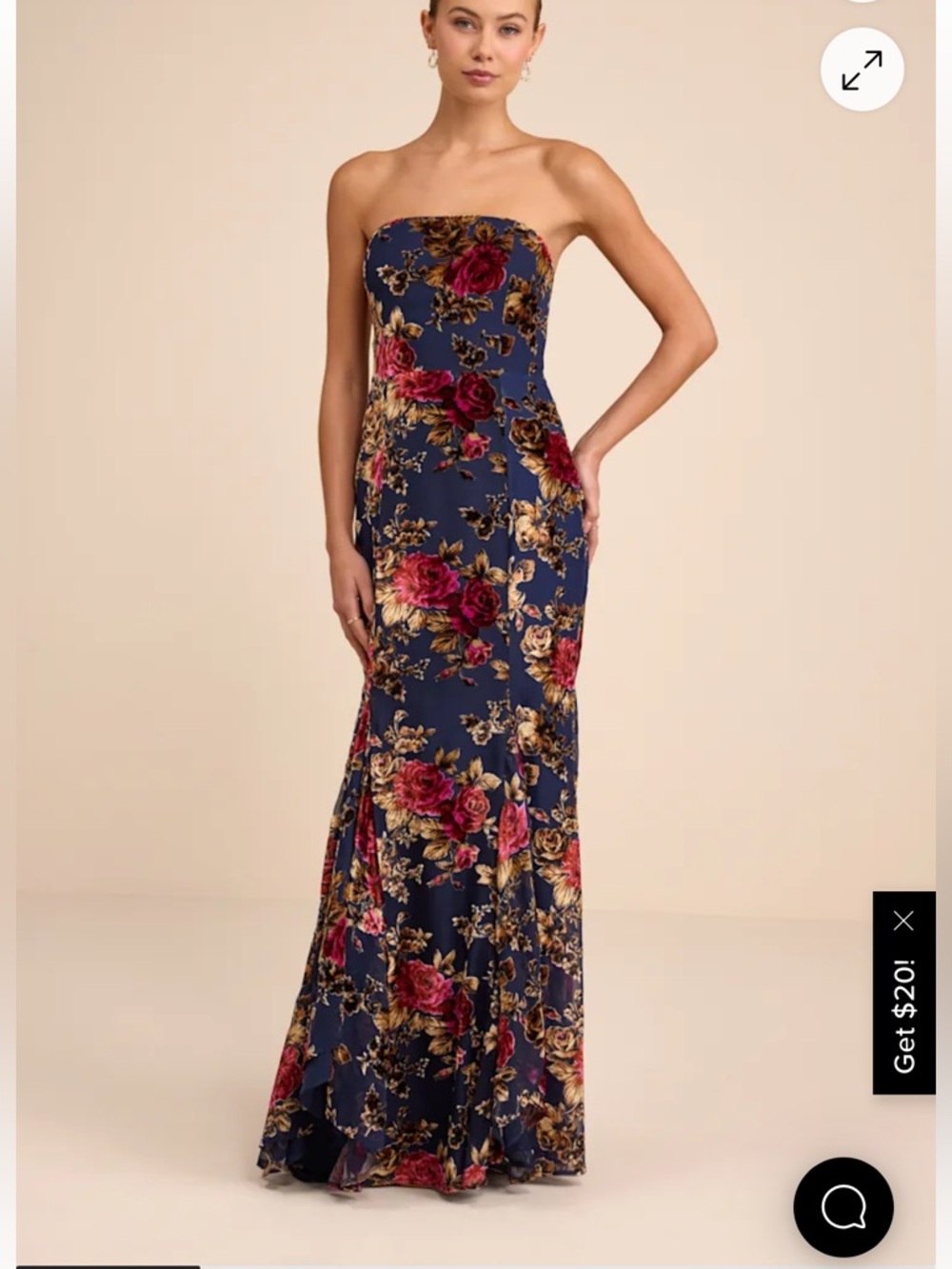 Lulu's Navy Strapless Floral Evening Gown with Rose Print